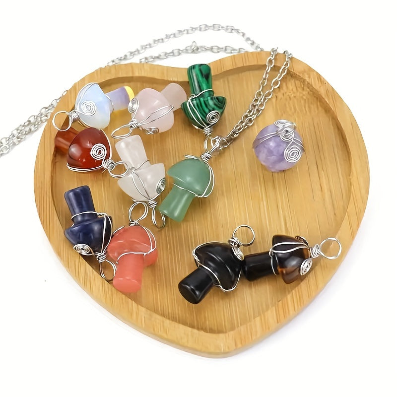 DIY Gemstone Quartz Mushroom Pendant Necklace with Stainless Steel Chain