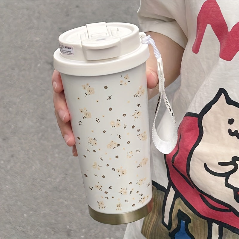 530ml Insulated Steel Coffee Cup Floral Rope Handle Hot & Cold Drinks