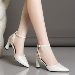 Women's Ankle Strap Chunky Heels Pointed Toe Pumps