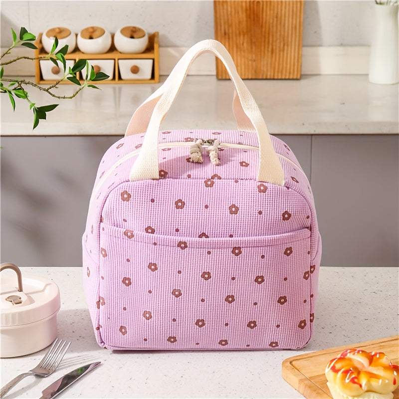 Large Floral Corduroy Insulated Lunch Bag Waterproof Aluminum Foil Lining