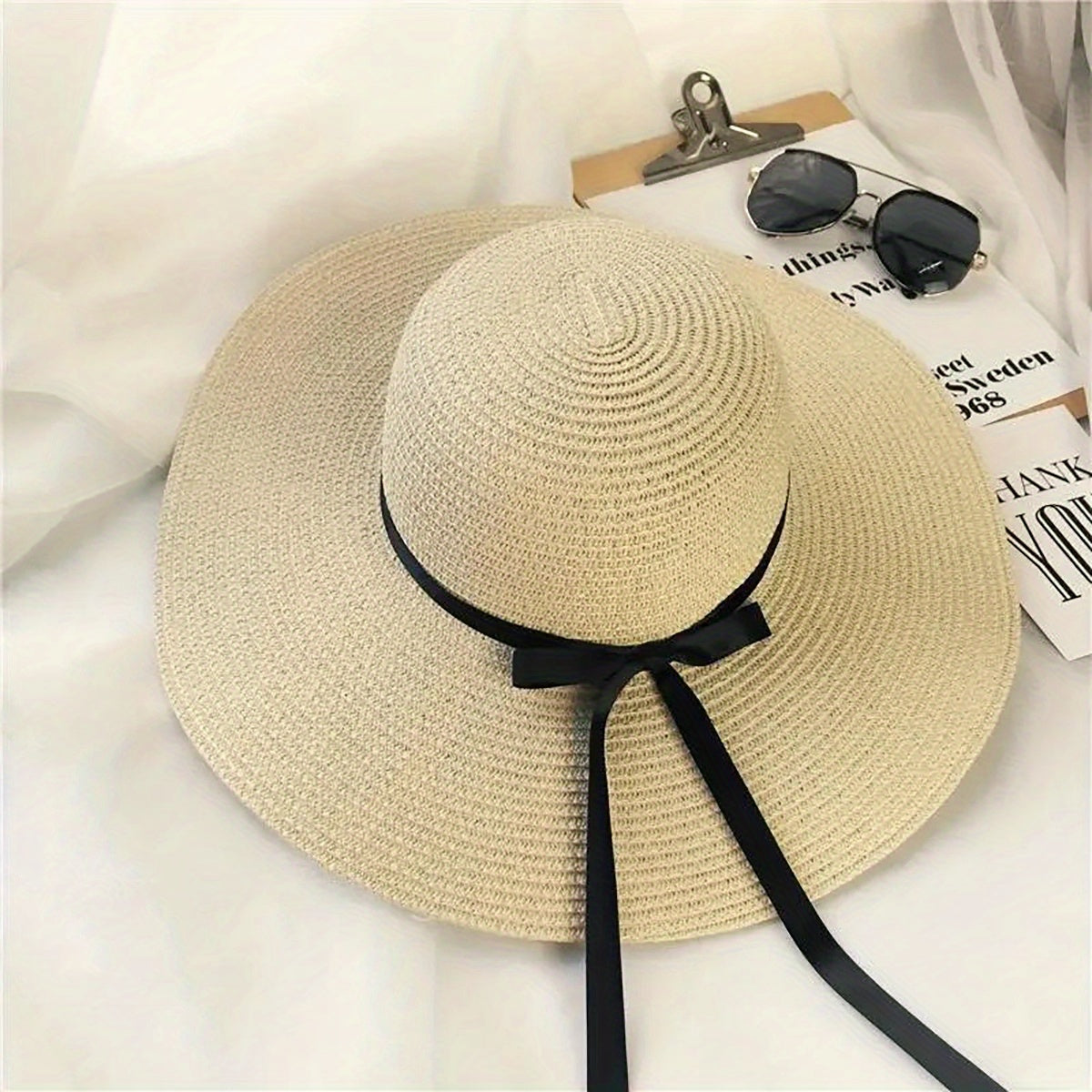 Straw Sun Hat Ribbon Bowknot Solid Sunscreen Beach Hats Floppy Foldable Cap