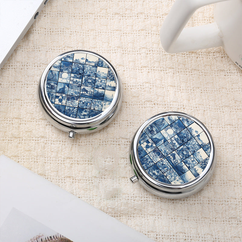 Artistic Glass Print Round Pill Organizer with 3 Compartments