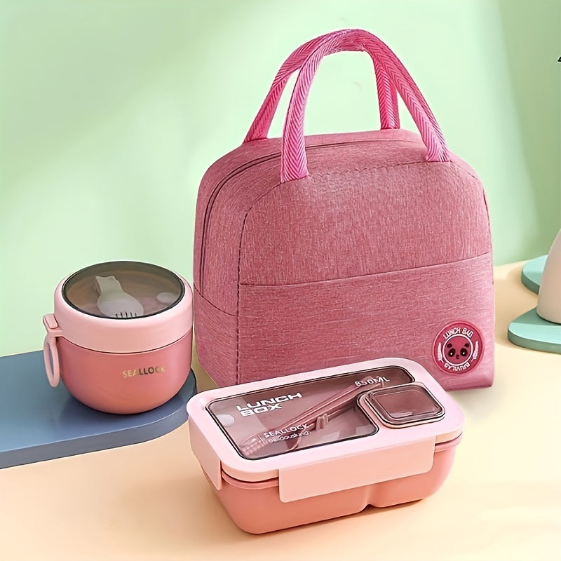 3pcs Heart Leaf Lunch Box Set Insulated Bag Storage Bag Grey Pink Green