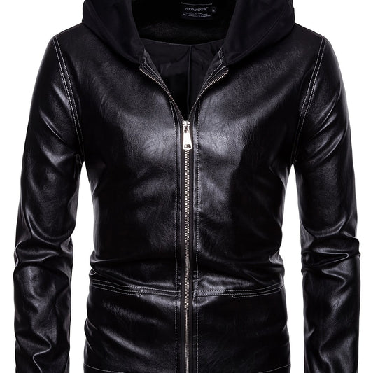 Men's Slim Fit Casual Leather Jacket with Hood