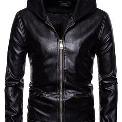 Men's Slim Fit Casual Leather Jacket with Hood