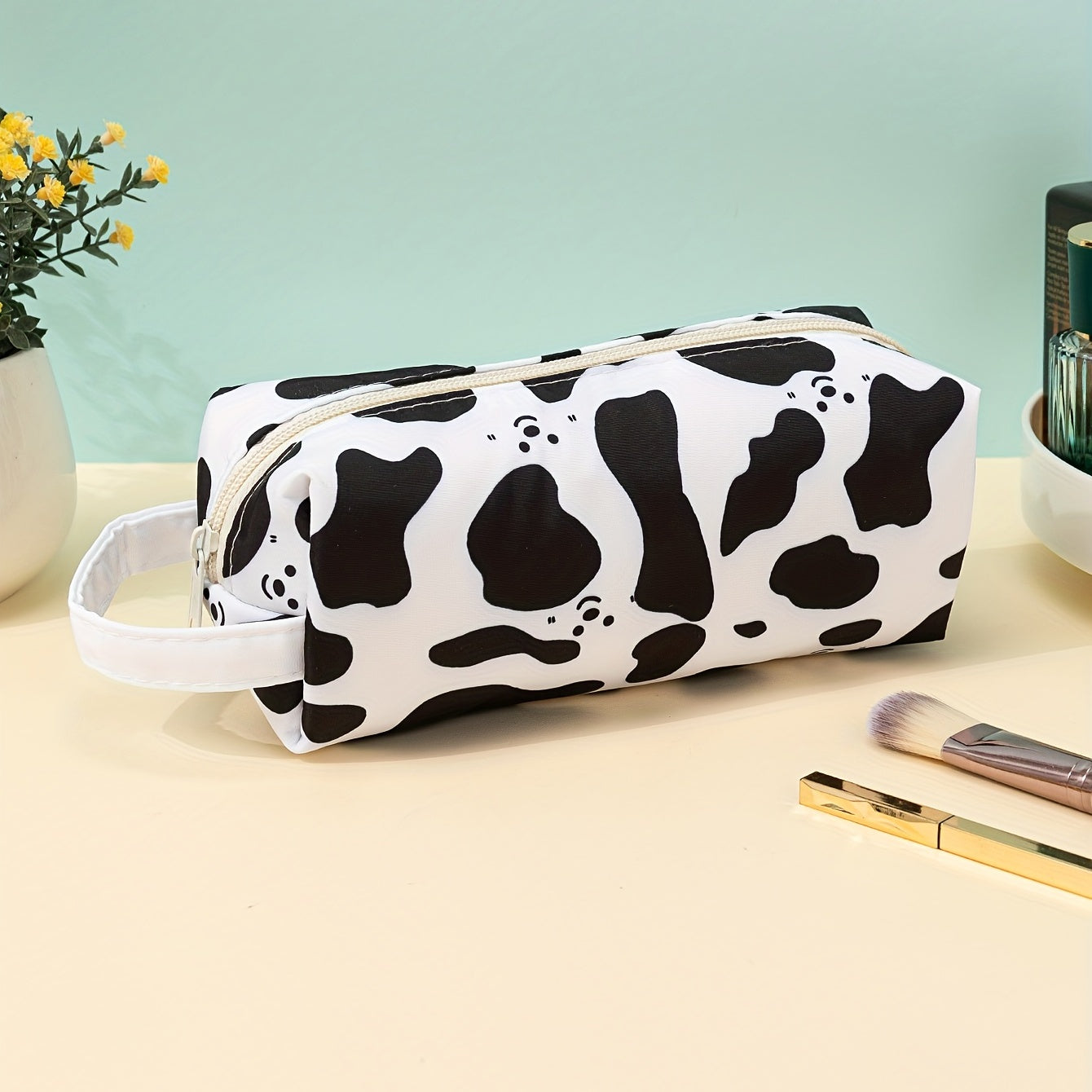 Smiling Face & Cow Print Makeup Bag Pencil Case