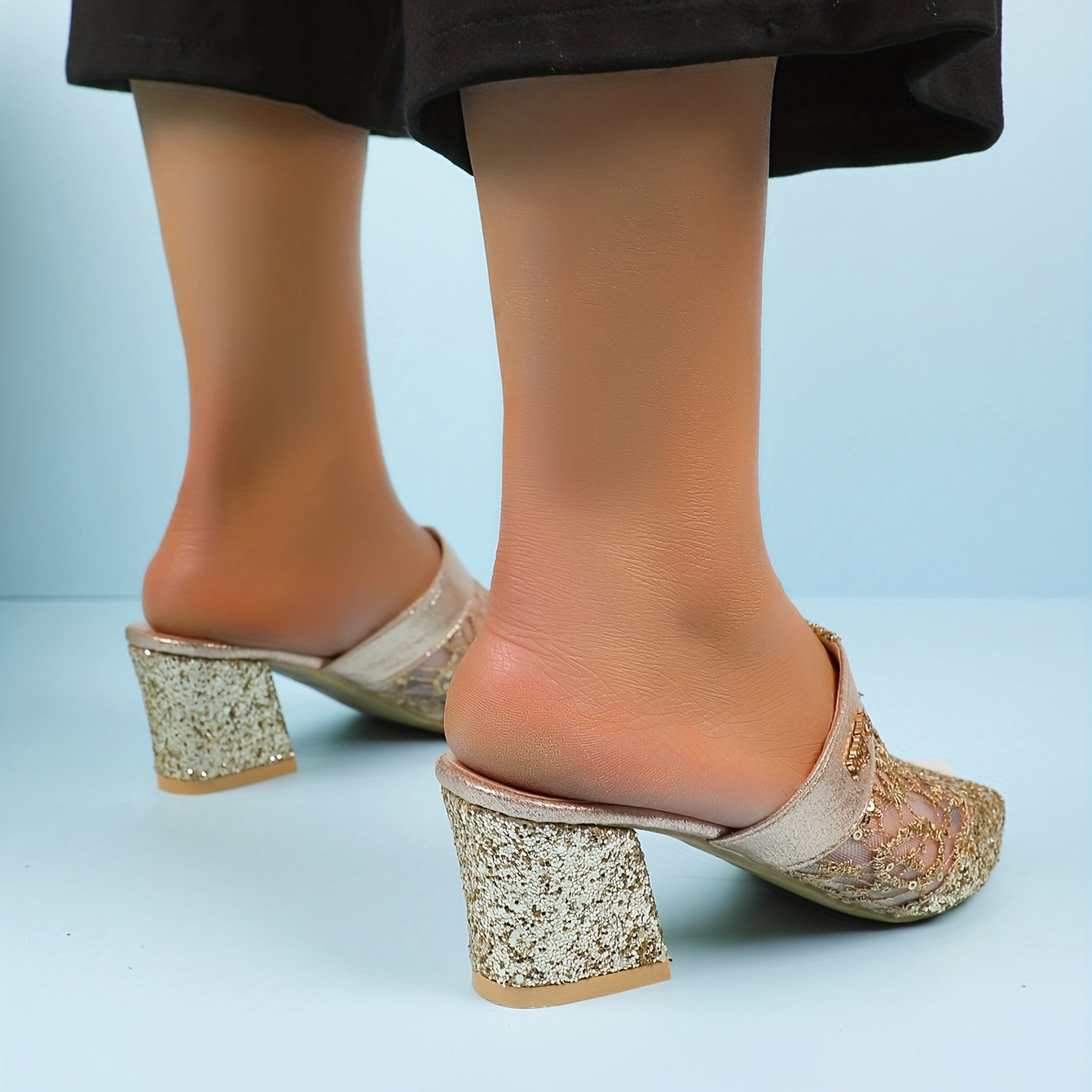 Women's Glitter Sequins Chunky Heels Slip On Mid Heels Women's Outdoor Pumps