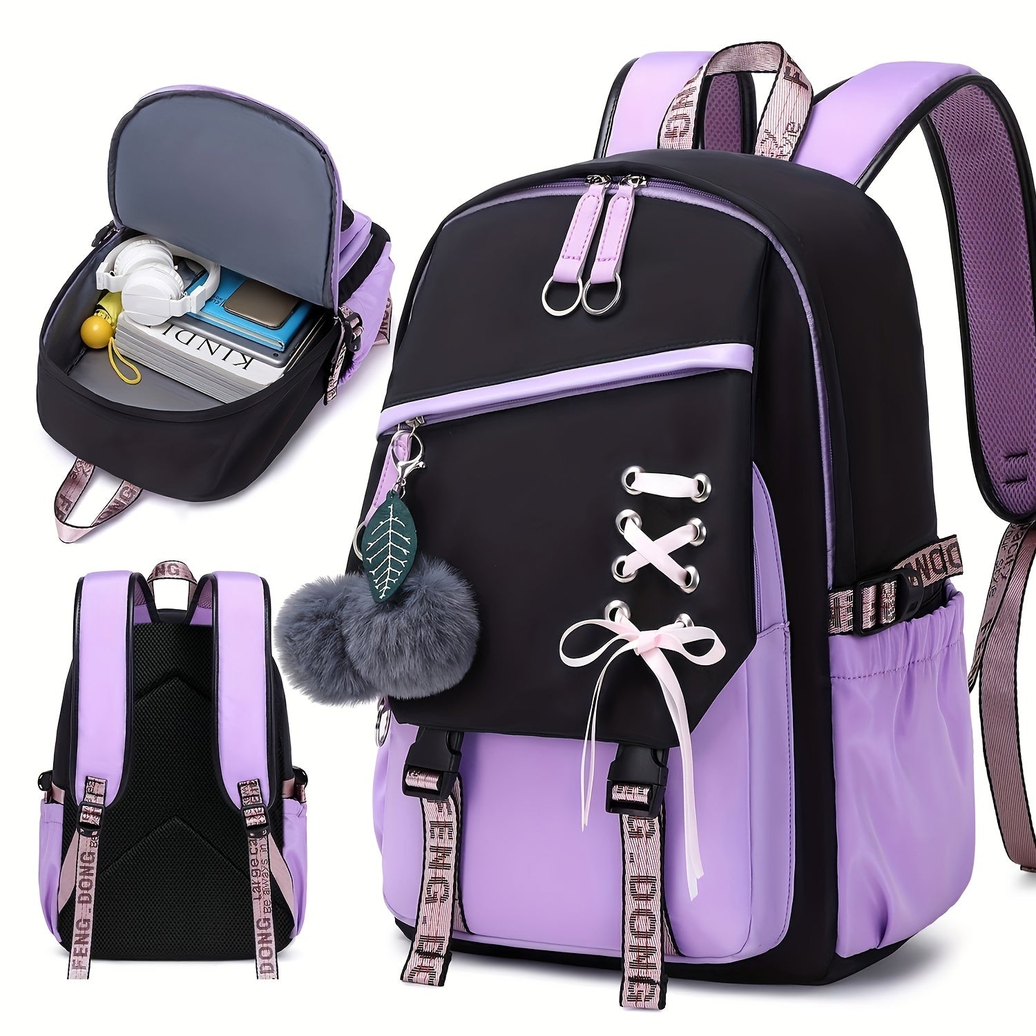 Girl School Backpack With Plush Ball Bag & Letter Pattern Strap