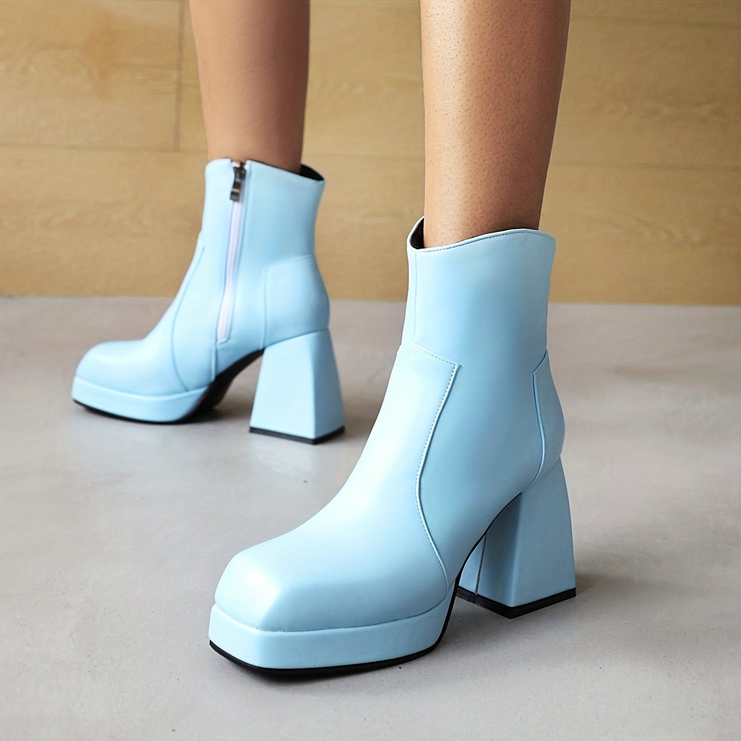 Women's Solid Block Heels Side Zipper Square Toe Ankle Boots