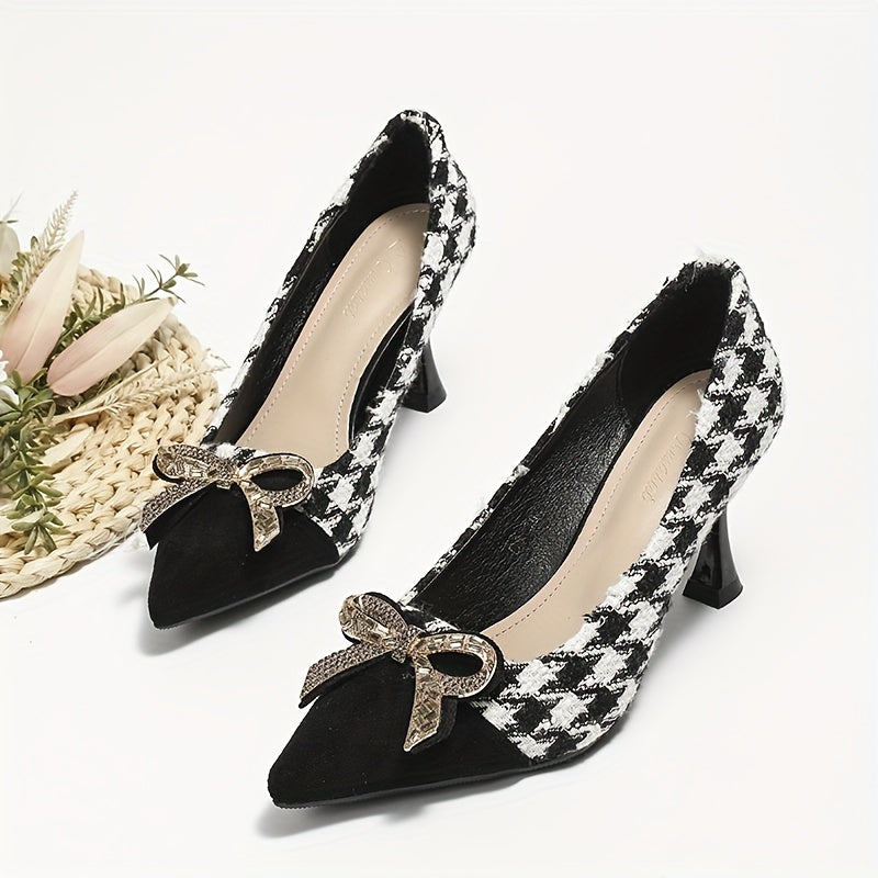 Women's Cap Toe Rhinestone Bow Houndstooth Stiletto Heels Pointed Toe Pumps