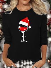 Christmas Hat Print Lounge Top Long Sleeve Crew Neck Women's Pajama