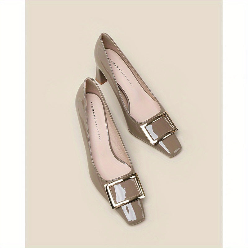 Women's Square Buckle Pumps Square Toe Chunky Heels