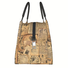 Vintage Newspaper Insulated Tote Bag Portable Reusable Cooler Lunch Bag