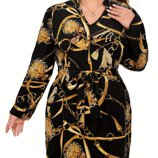 Chain Print V Neck Belted Dress