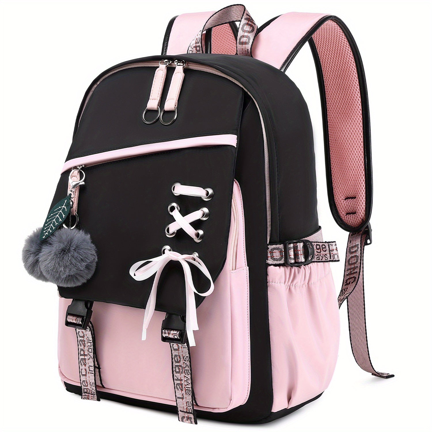 Girl School Backpack With Plush Ball Bag & Letter Pattern Strap