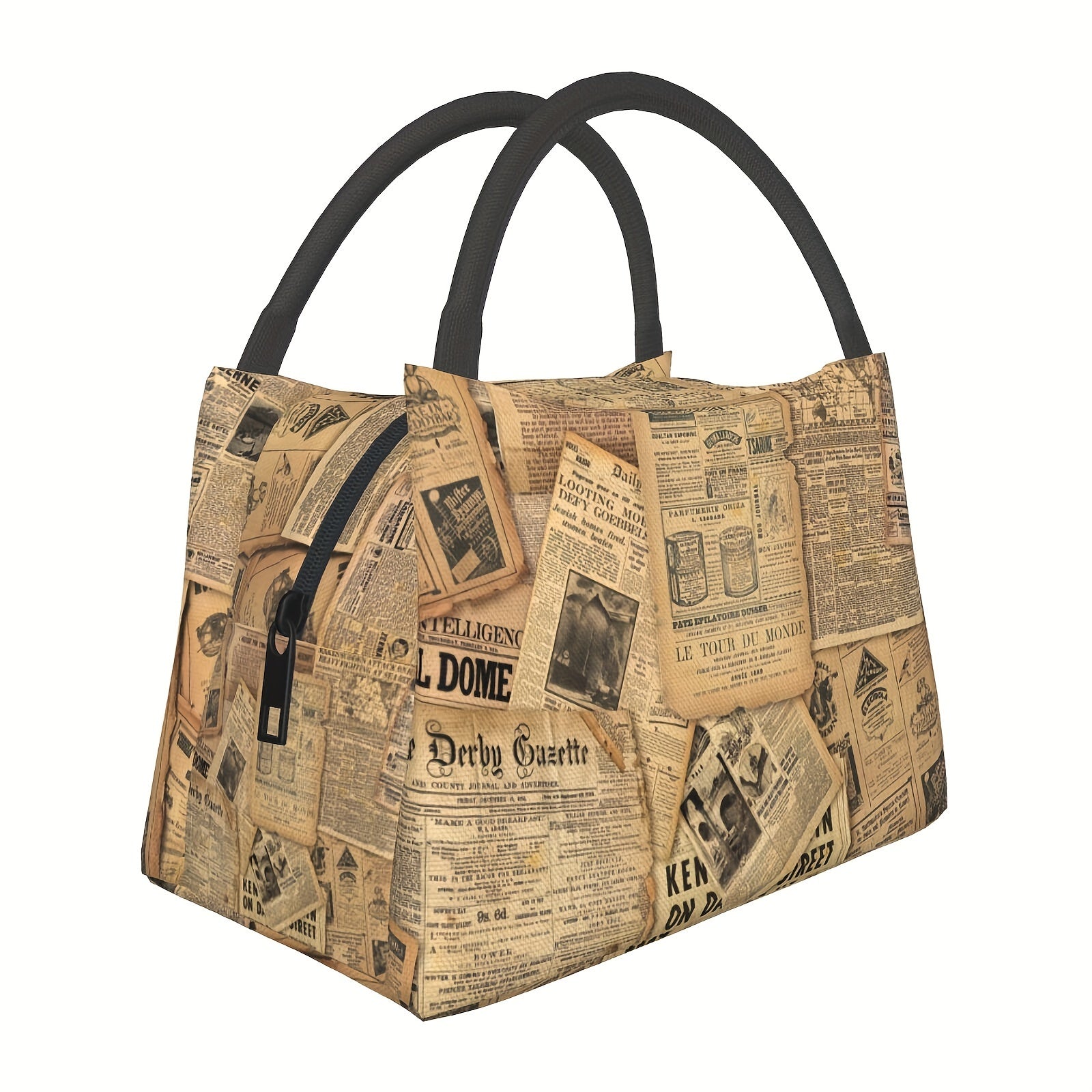Vintage Newspaper Insulated Tote Bag Portable Reusable Cooler Lunch Bag