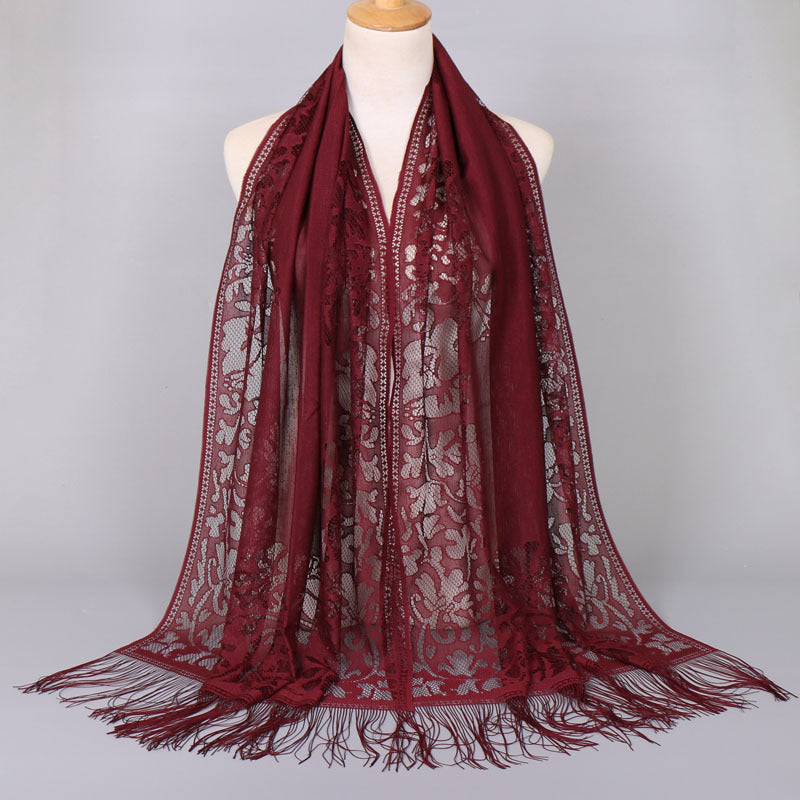 Floral Lace Scarf Shawl With Tassels Soft Mesh Fringe Wraps