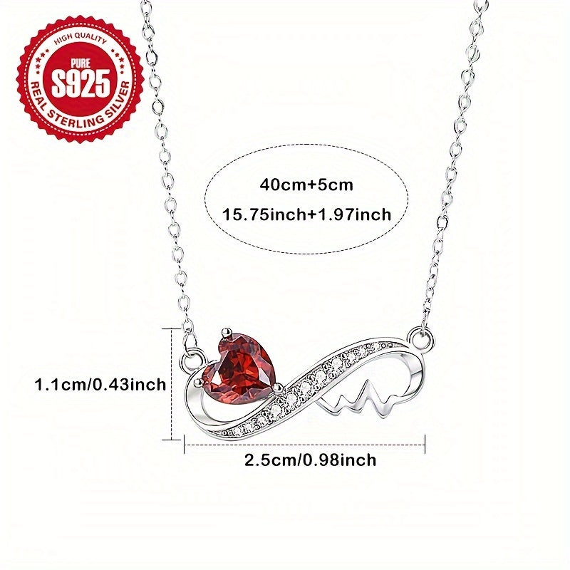 Infinity Love Heart Pendant Necklace with Red Zirconia 925 Sterling Silver