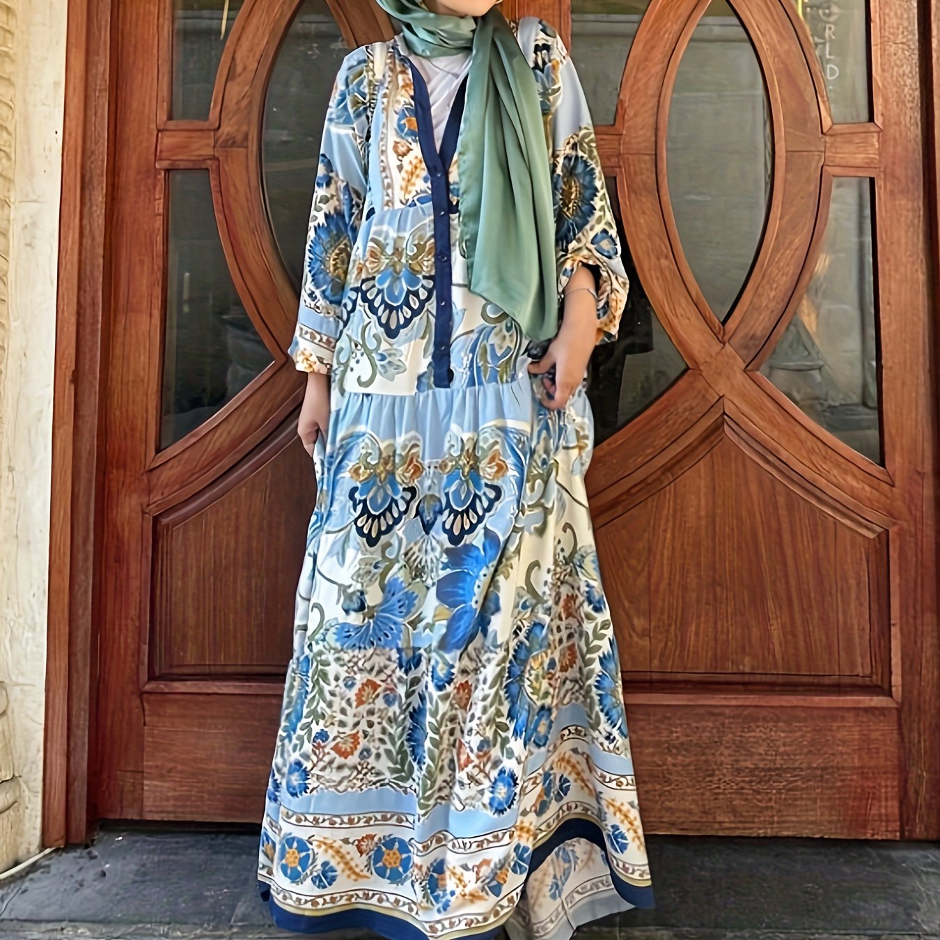 Floral Print Lantern Sleeve Button Up Abaya Dress