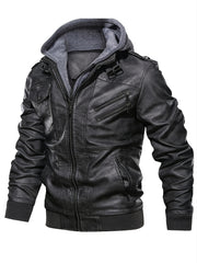 Men's PU Leather Hooded Zipper Jackets with Pockets