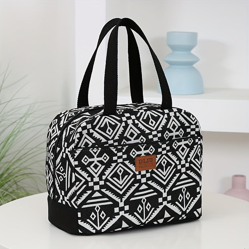 Vintage Style Nylon Lunch Bag Insulated Large Capacity Zippered Thermal Tote