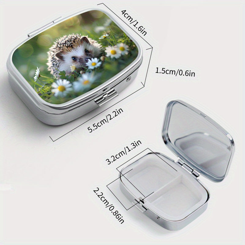 Sunshine Hedgehog Printed Square Pill Box Mini Portable Two Compartment Travel P