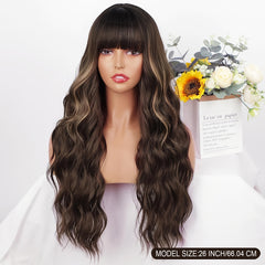 Brown Highlight Wig With Bangs Long Wavy Hair Wig Curly Synthetic Wigs