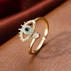 Copper Zircon Enamel Dripping Oil Evil Eye Tail Ring Women's Jewelry