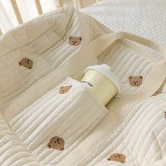 Quilted Diaper Bag with Bear Embroidery Lightweight Travel Tote & Handbag