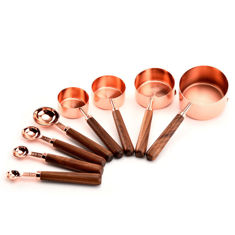 8pcs Stainless Steel Measuring Cup & Spoon Set with Wooden Handle