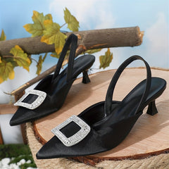 Women's Rhinestone Kitten Heels Pointed Toe Satin Sandals