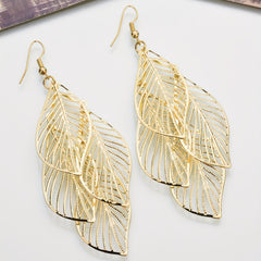 Hollow Leaf Pendant Golden Dangle Earrings Retro Boho Style