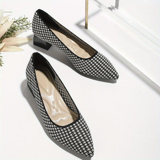Women's Houndstooth Slip On Chunky Heels Lightweight Shoes