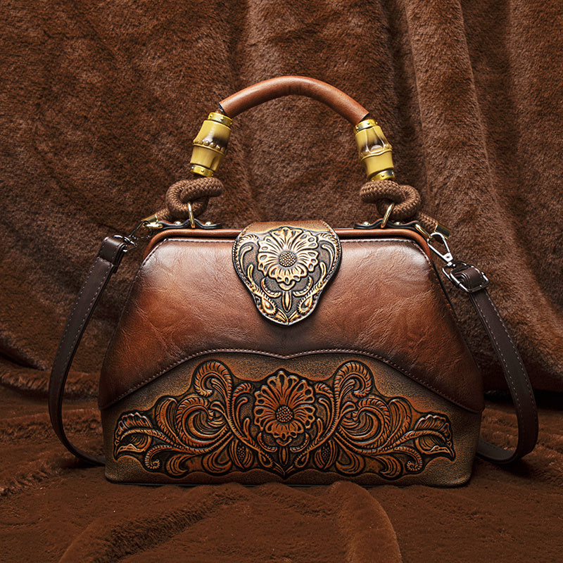 Vintage Style Handbag with Flower Pattern PU Material Shoulder Bag