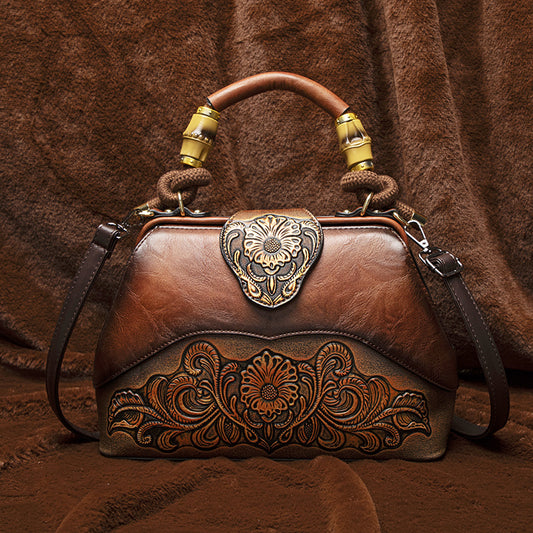 Vintage Style Handbag with Flower Pattern PU Material Shoulder Bag