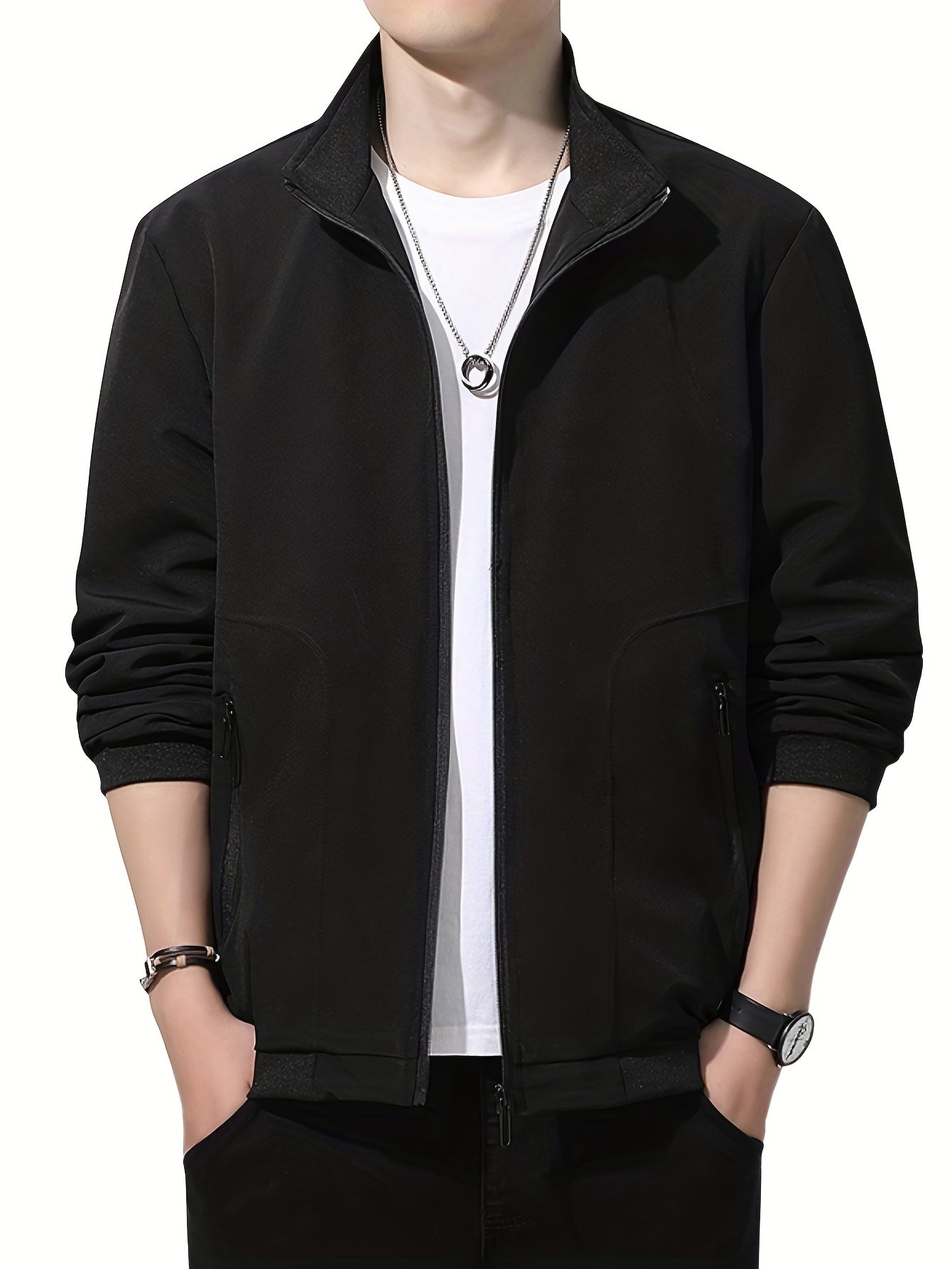Men's Casual Baseball Jacket Stand Collar Zip Up Coat Hipster Streetwear