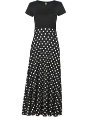 Splicing Crew Neck Dress Short Sleeve Pleated Maxi Dress Women's Clothing