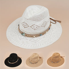 Boho Belt Decor Geometric Crochet Fedora Cap Breathable Summer Beach Hat