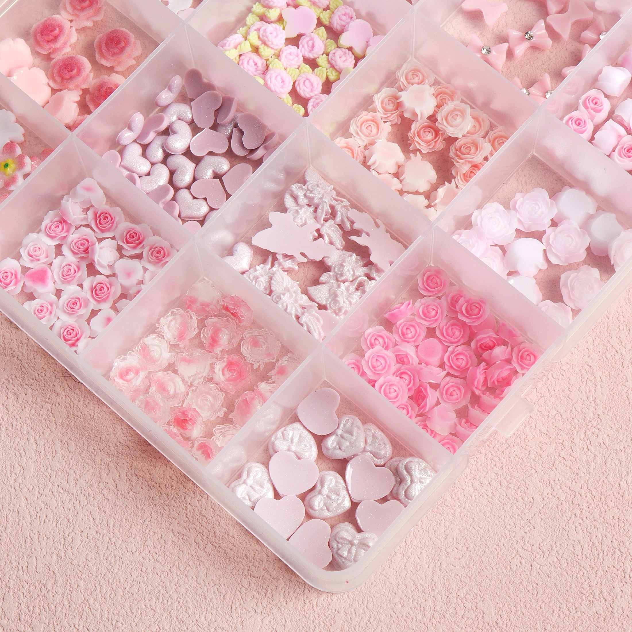 24 3D Resin Nail Charms Pink Styles Butterfly Camellia Rose Heart