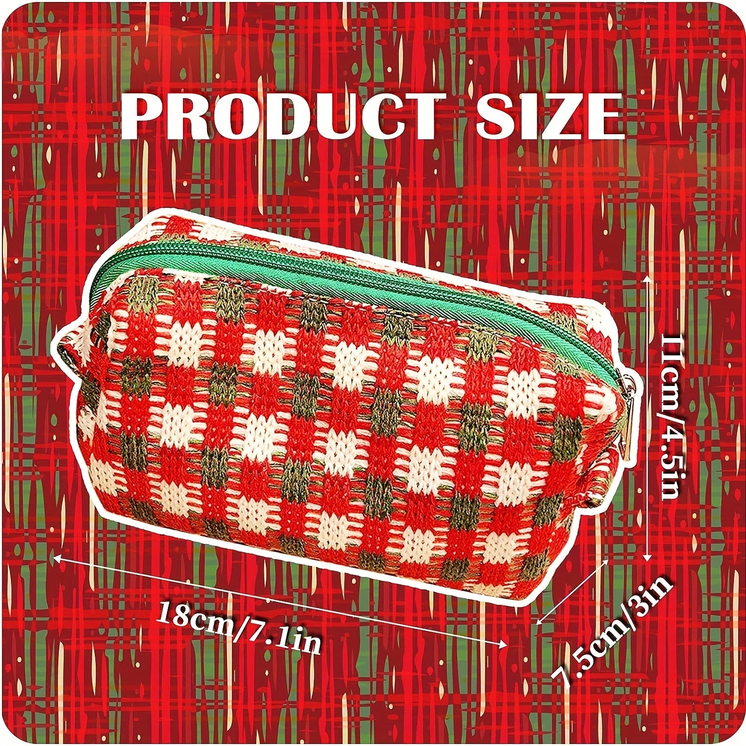 Checkered Cosmetic Bag Knitted Christmas Red Green Makeup Pouch