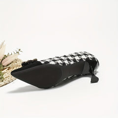 Women's Houndstooth Stiletto Heels Faux Pearl Buckle Cap Toe Pumps