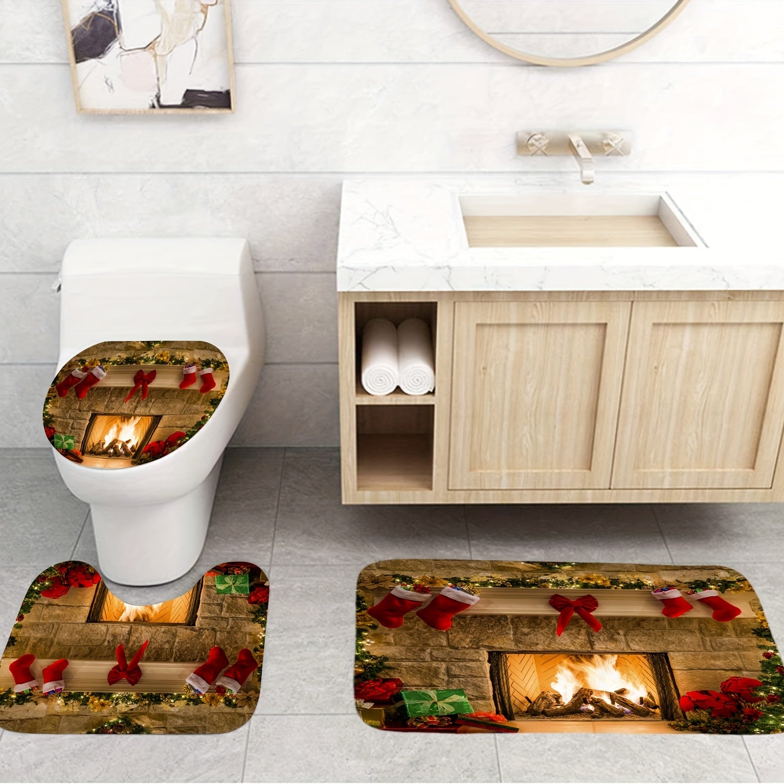 Festive Christmas Fireplace Shower Curtain Set - Christmas Decorations