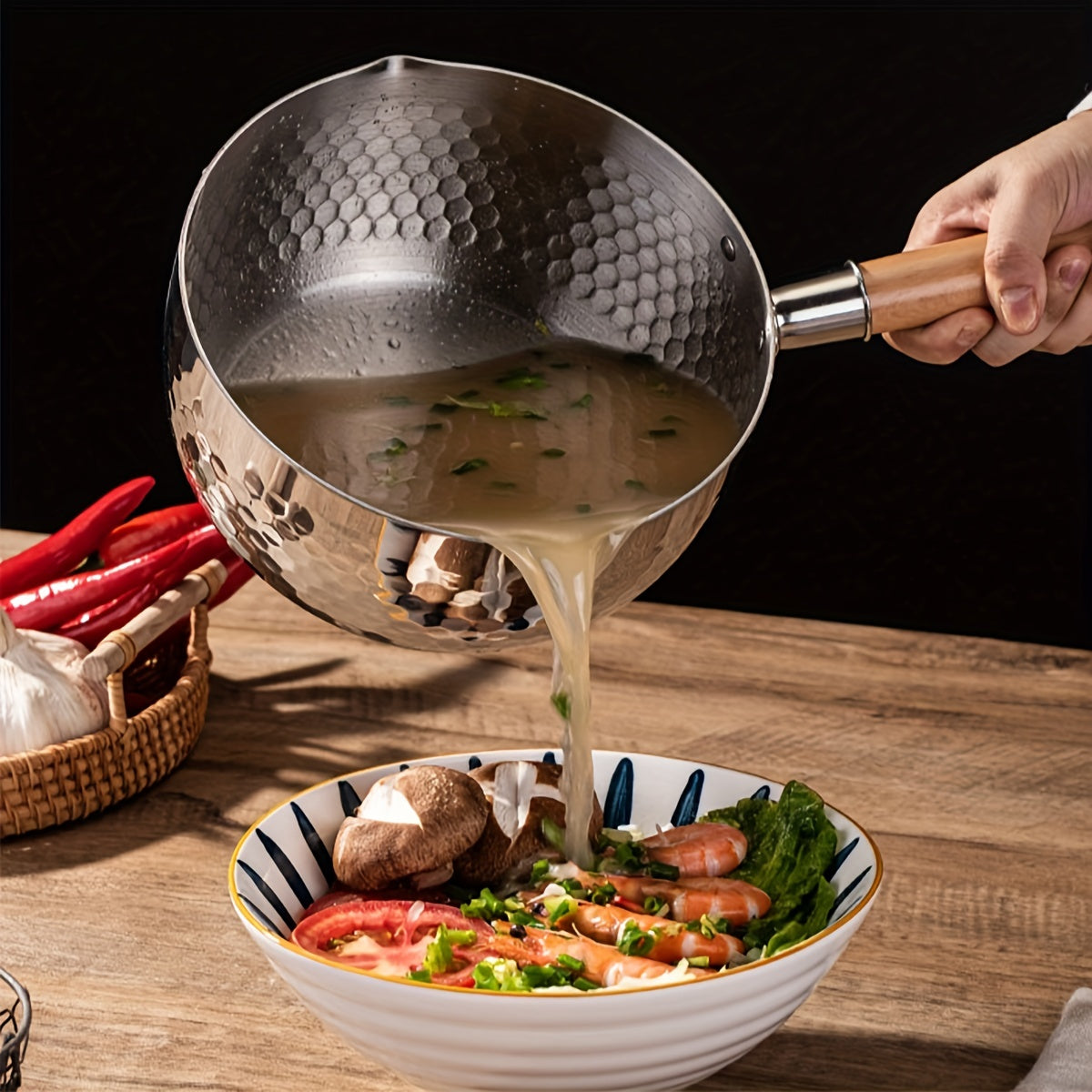 Stainless Steel Milk Pot Pan Wooden Handle for Cooking and Serving