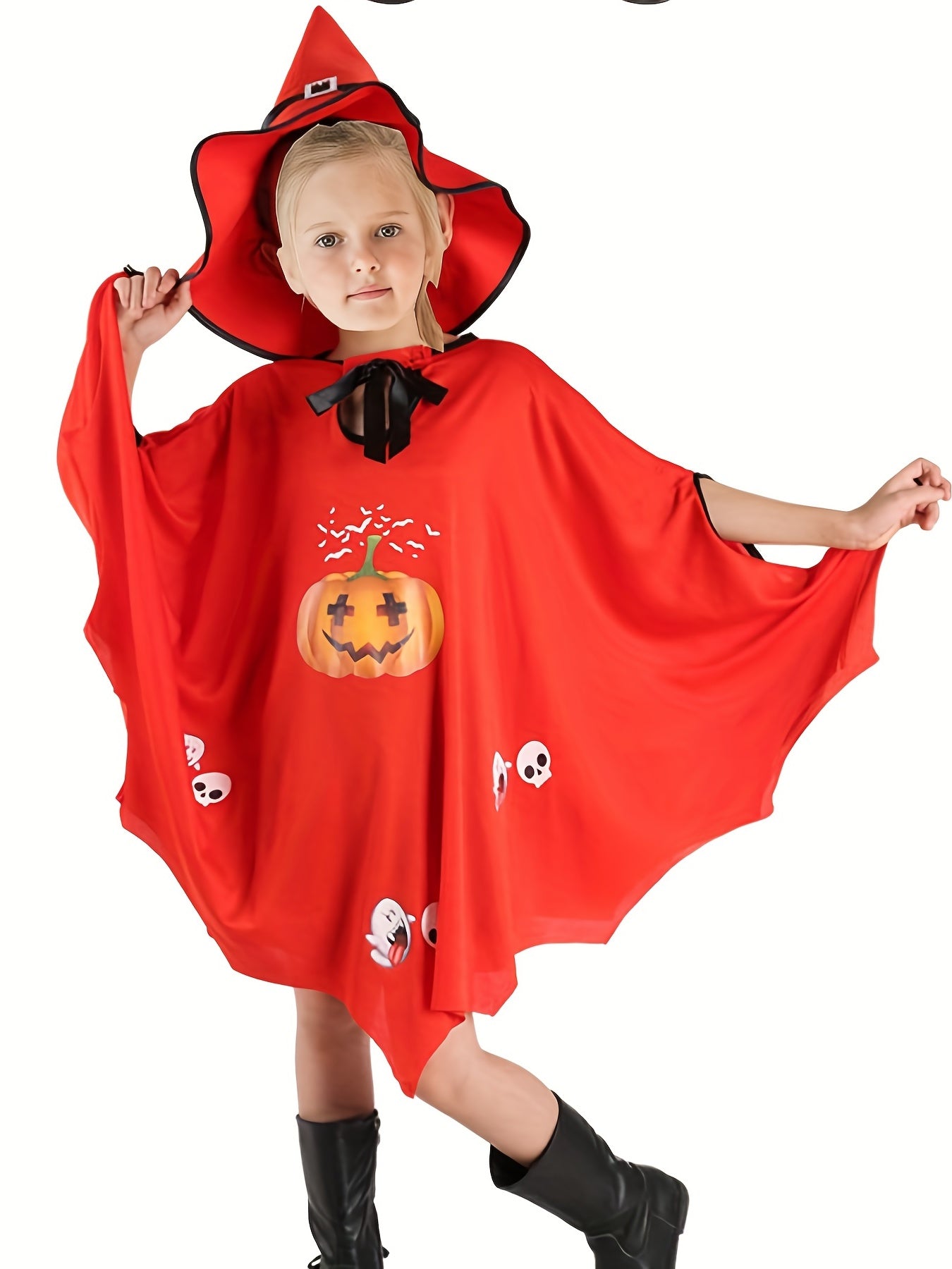 Girl's Halloween Dress Up Cloak Ghost Pumpkin Print Hooded Cape Witch Costume