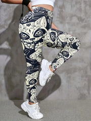 Abstract Cat & Floral Print High Stretch Yoga Leggings