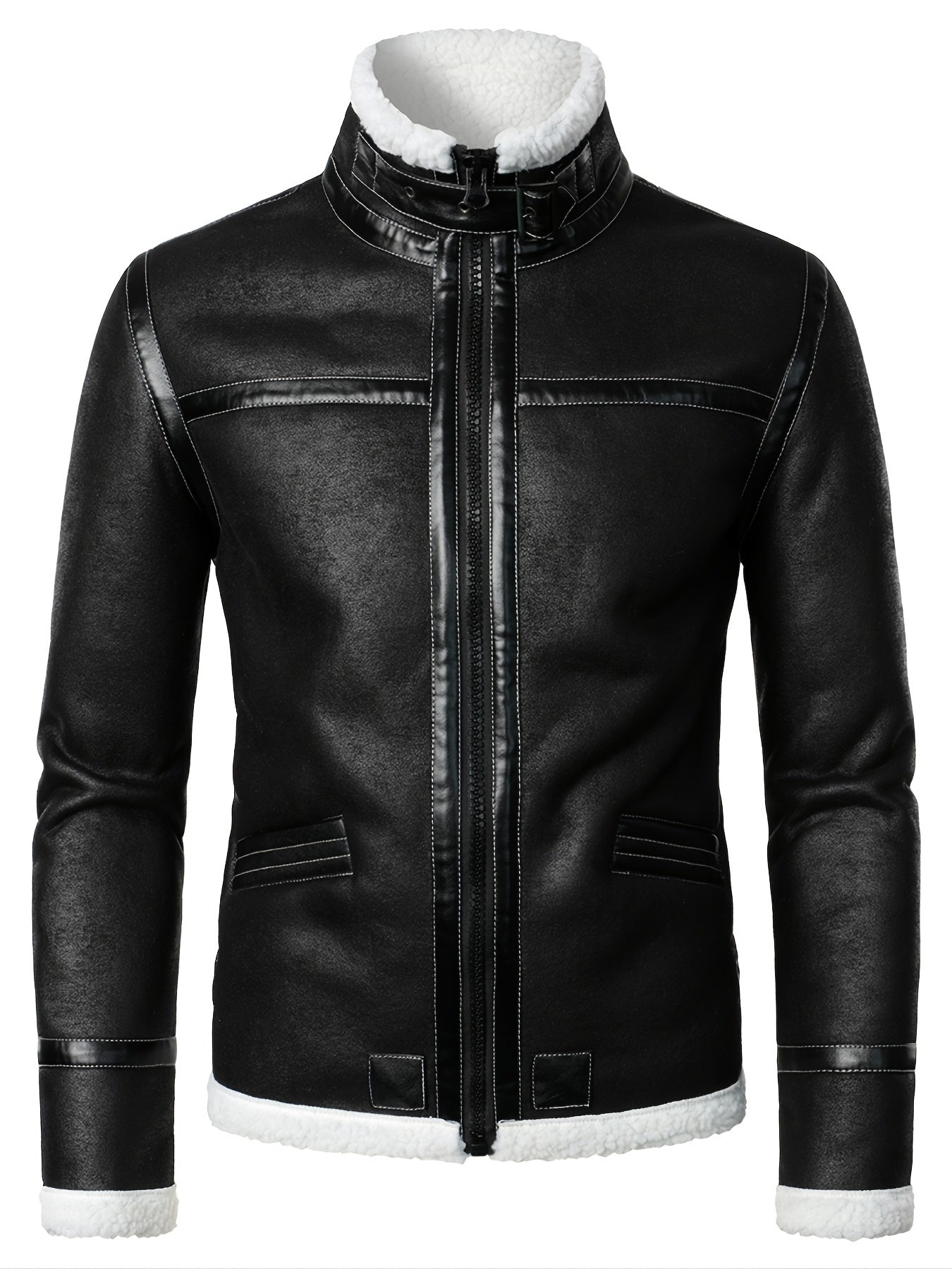 Men's Warm Fleece PU Jacket with Stand Collar for Fall Winter