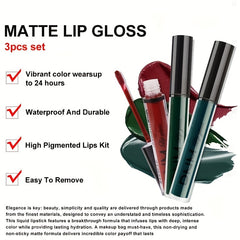 3 Pack Matte Liquid Lipstick Set Long Lasting Dark Red Brown Green Lipstick