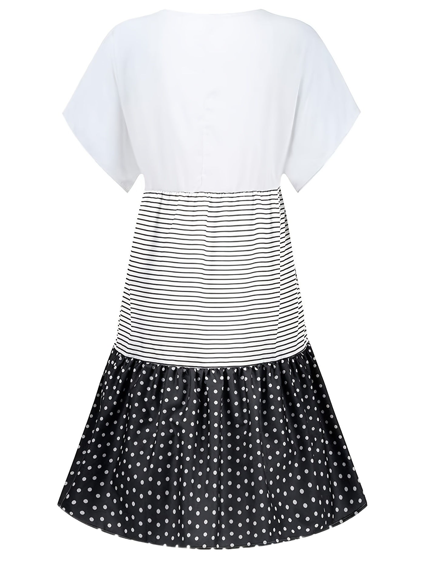 Striped Polka Dot Stitching Dress V Neck Short Sleeve Flared Dress