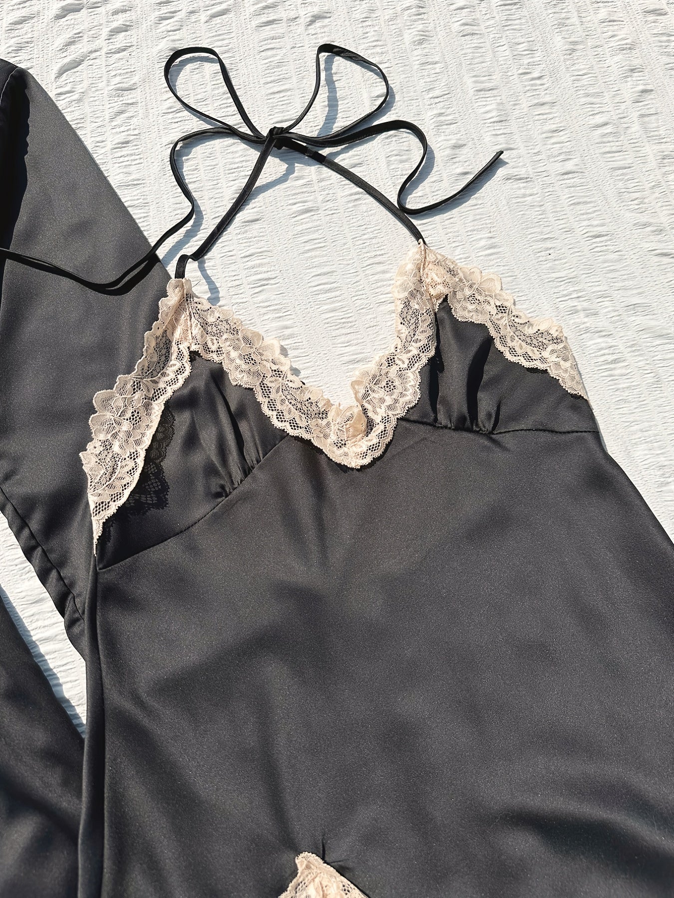 2pcs Satin Robe & Cami Dress Set with Lace Trim