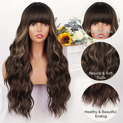 Brown Highlight Wig With Bangs Long Wavy Hair Wig Curly Synthetic Wigs